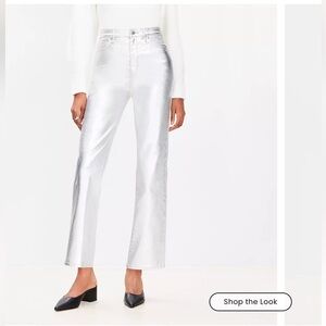 LOFT Coated High Rise Straight Jeans in Silver Metallic Size 12 NWT